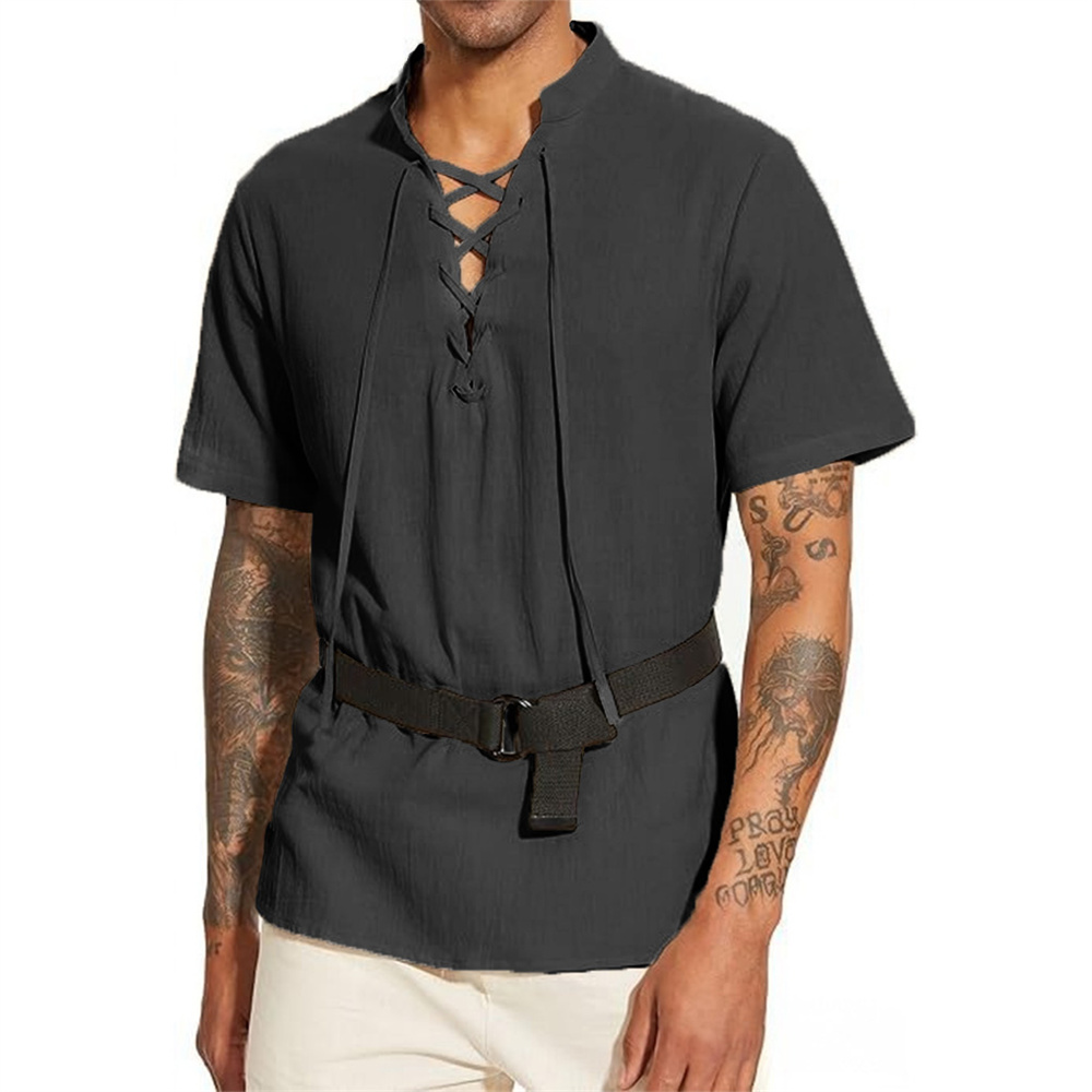 Short Linen Drawstring - Herren-T-Shirt mit V-Ausschnitt, Vintage-Piraten-Gothic-Stil, Baumwolle-Leinen-Optik, einfarbig,